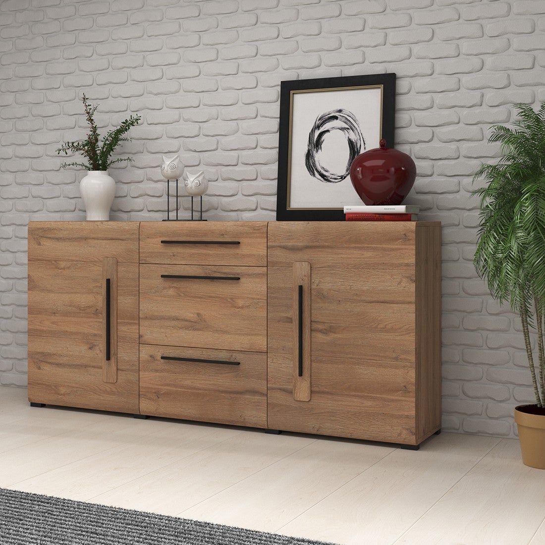 Buffet 180cm collection BREDA deux portes partiellement vitrées et trois tiroirs. Coloris Chêne - 4