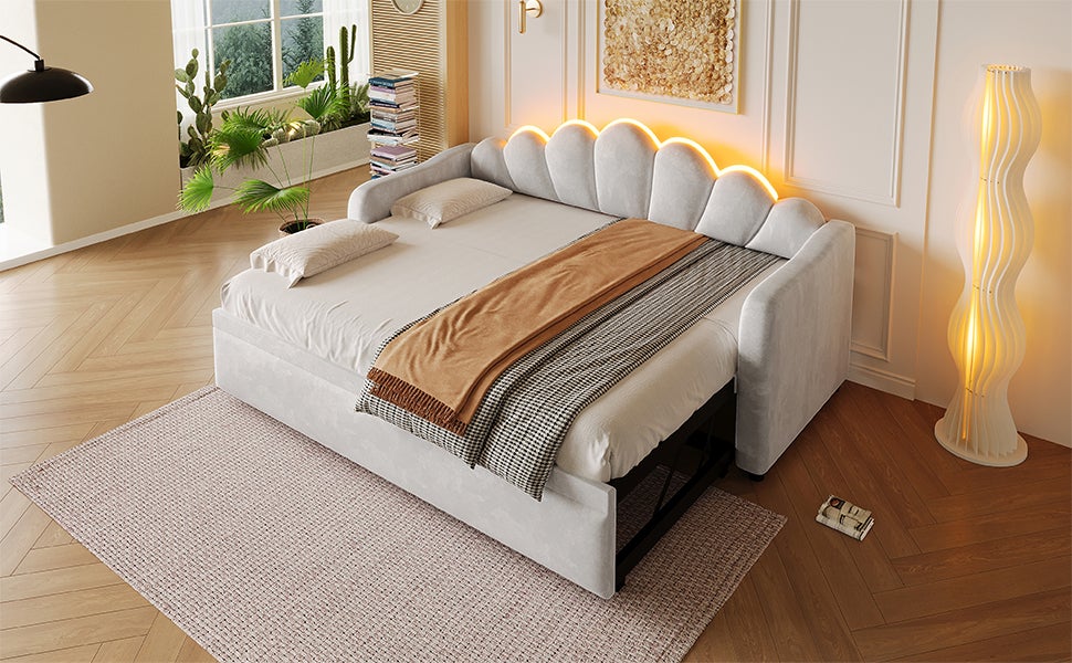 Łóżko wysuwane 90 x 200 cm z zagłówkiem i oświetleniem LED - MDF, sklejka i aksamit - 10 listew - Szare (Materac nie jest wliczony w cenę) - 9