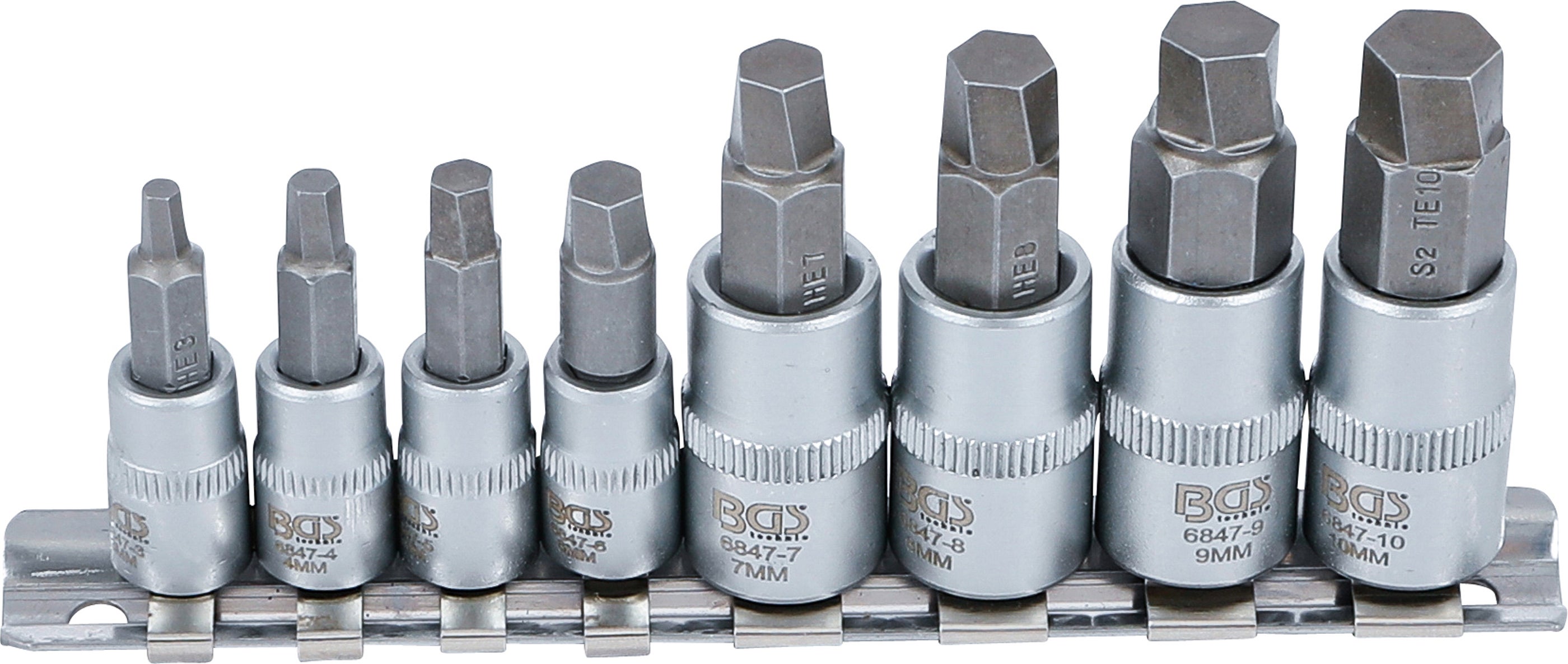 Zestaw wykrętaków do śrub BGS, napęd kwadratowy wewnętrzny 6,3 mm (1/4") / 10 mm (3/8") do uszkodzonych gniazd sześciokątnych 3 - 10 mm, 8 szt. - 6847