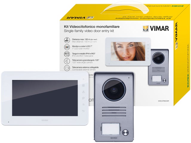 VIMAR K40990 Kit videocitofono da parete, vivavoce, colori LCD 7'', tastiera capacitiva, targa audiovideo, alimentatore con spine standard EU, UK, US,