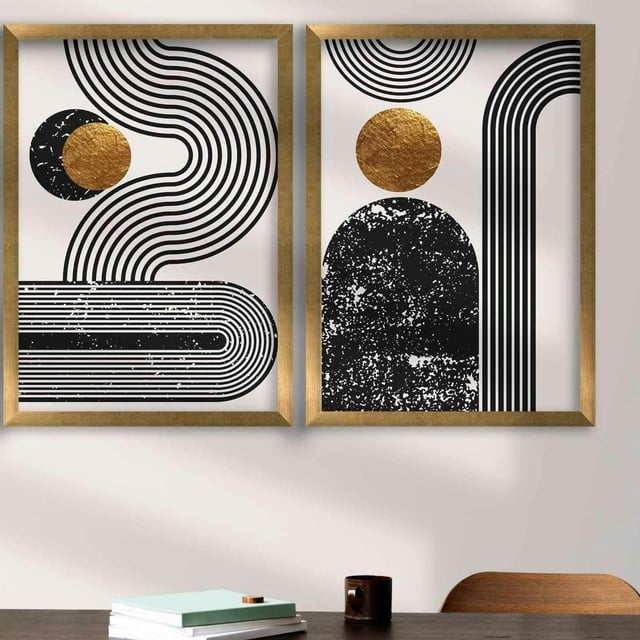 Tableau graphique design noir et or – cadre doré (set de 2)