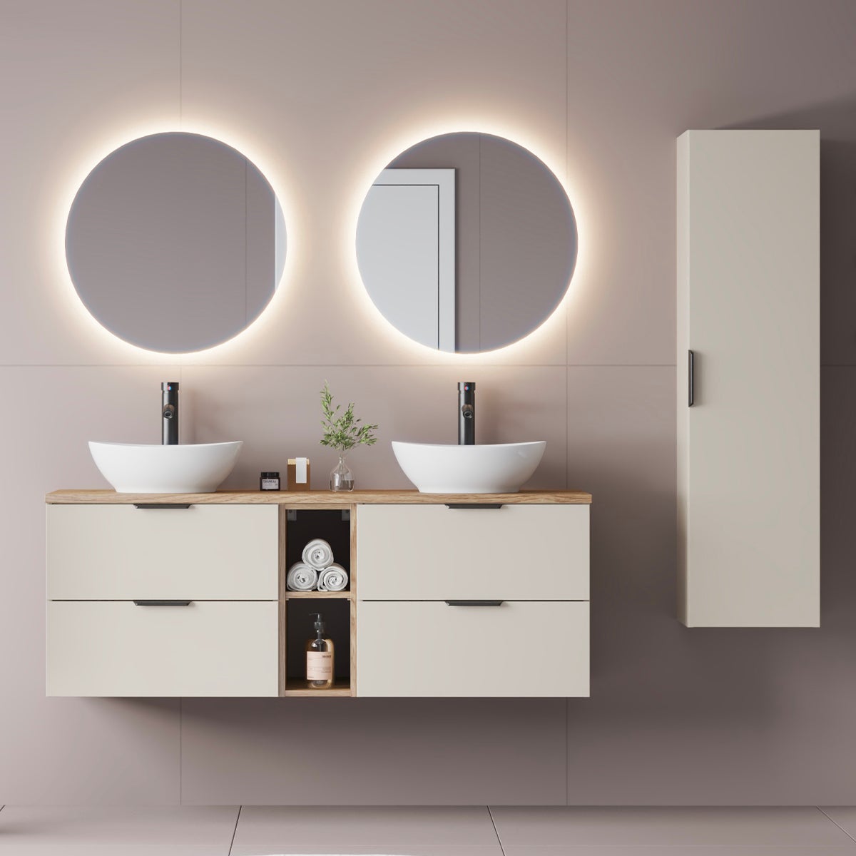 Ensemble meuble double vasque 140cm 2 niches et colonne Astrid Cachemire et bois - 3