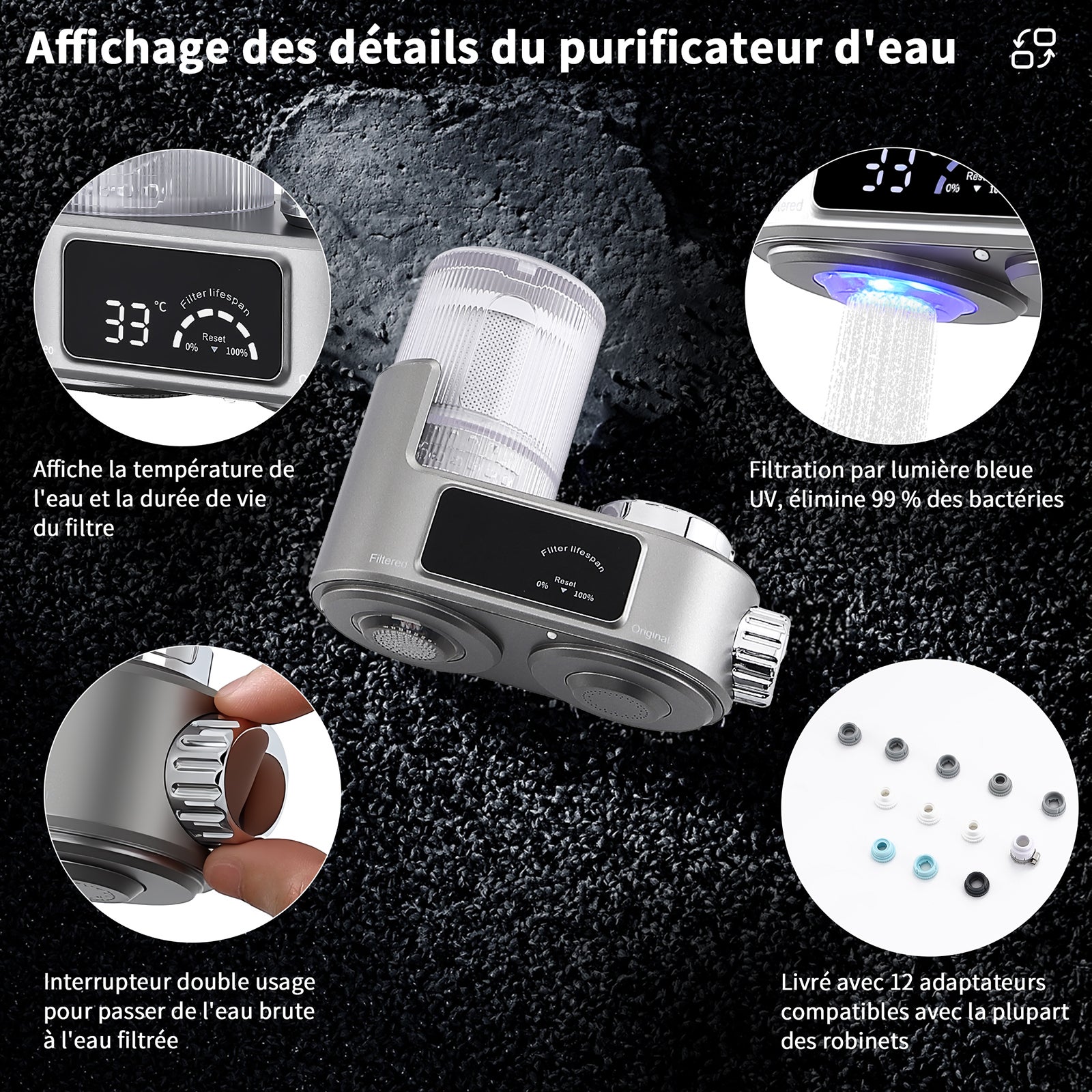 Système de Filtration d'Eau pour Robinet, Filtre à eau Gris - Élimine l'Oxyde, le Chlore, les Nitrates, les Sédiments et les Pesticides - 6