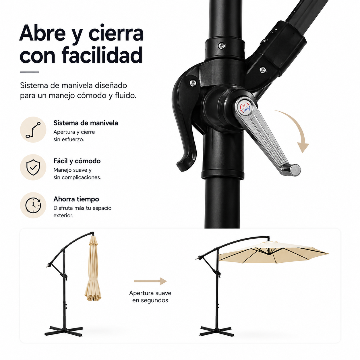 Parasol latéral 3 mètres inclinable 360° avec mât et manivelle beige sans base - 5