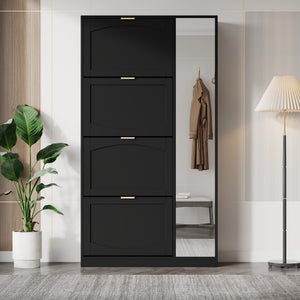 Scarpiera Dino Con Specchio 50x180x20 Cm - Contiene 12 Paia Di Scarpe, Bianco Laccato, Made In Europe
