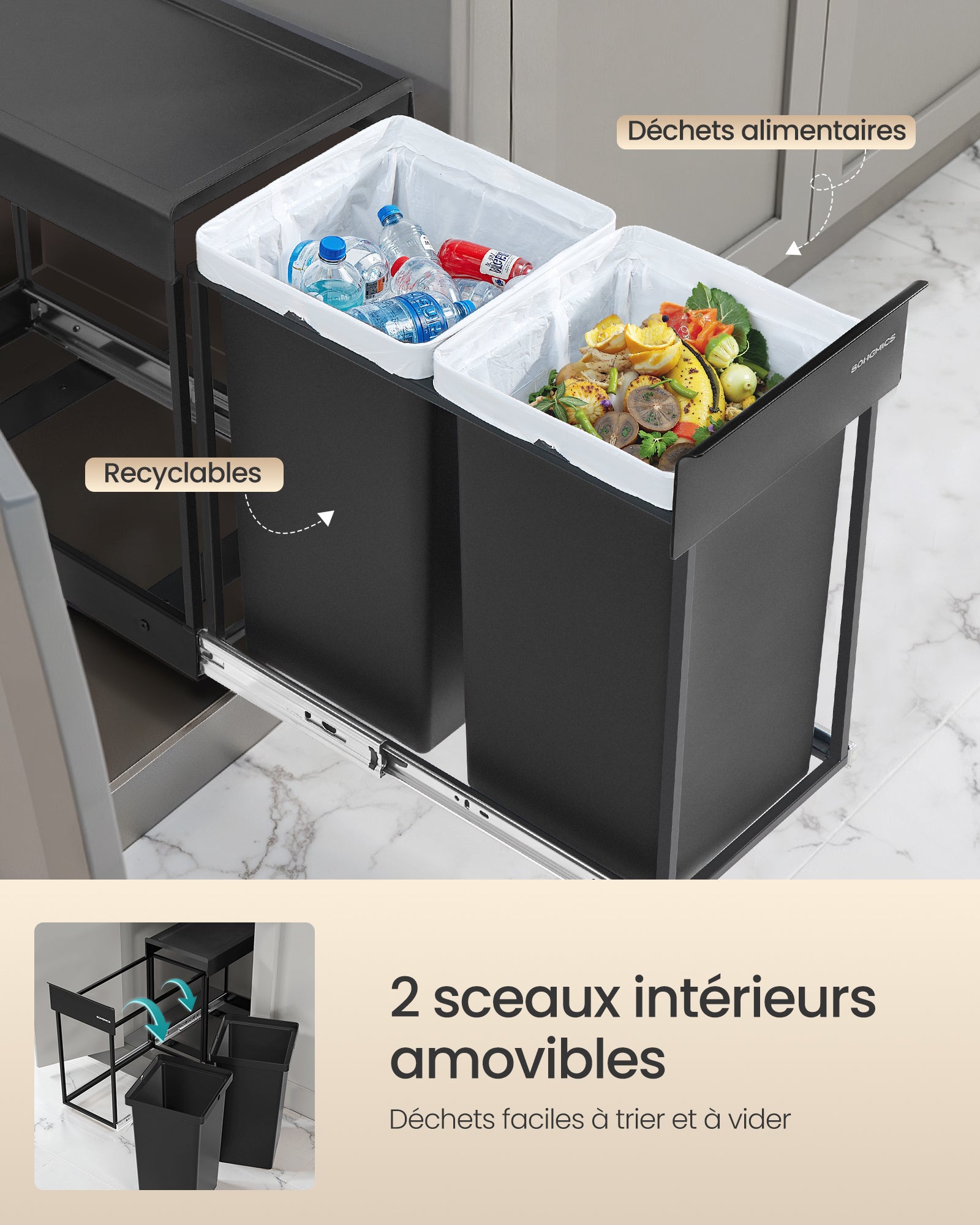 Poubelle de Tri Sélectif, Poubelle de Cuisine Extractible Coulissante, 2 Seaux de 15 L, Coulissement en Douceur, Noir d'Encre - 6