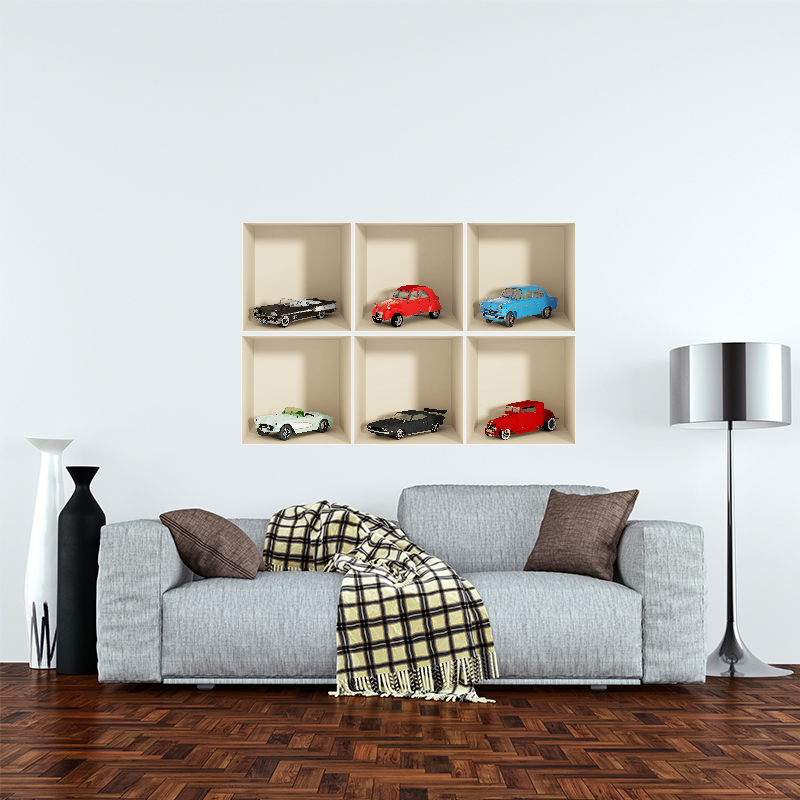 Packs de 6 vinilos 3d colección de los coches - adhesivo de pared - revestimiento sticker mural decorativo - 60x90cm