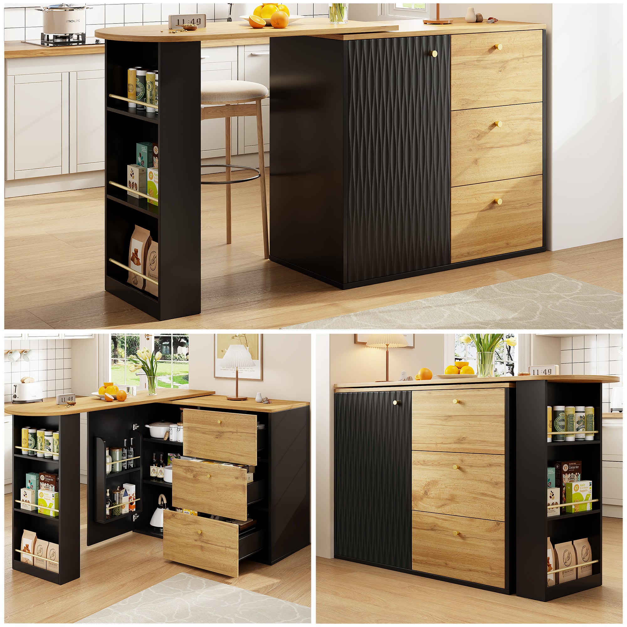 Mesa de bar extensible 138-204 cm, giratoria 360°, con almacenamiento y cajones, cocina, salón, acabado madera