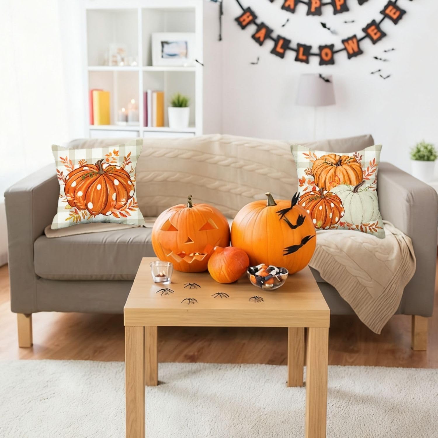 2 Housses de Coussin Automne 45x45 cm Motif Citrouille – Coussins Déco pour Salon, Canapé et Chambre, Ambiance Automnale - 5