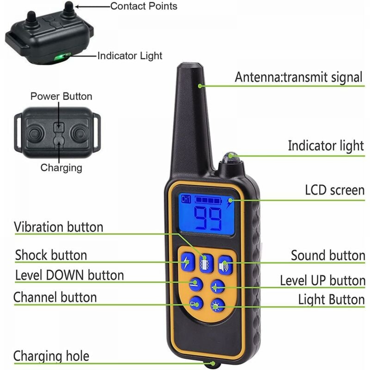 Coleira de treinamento para cães, alcance efetivo de 800 metros, com funções de choque elétrico e vibração, classificação de impermeabilidade IP67 (c - 2
