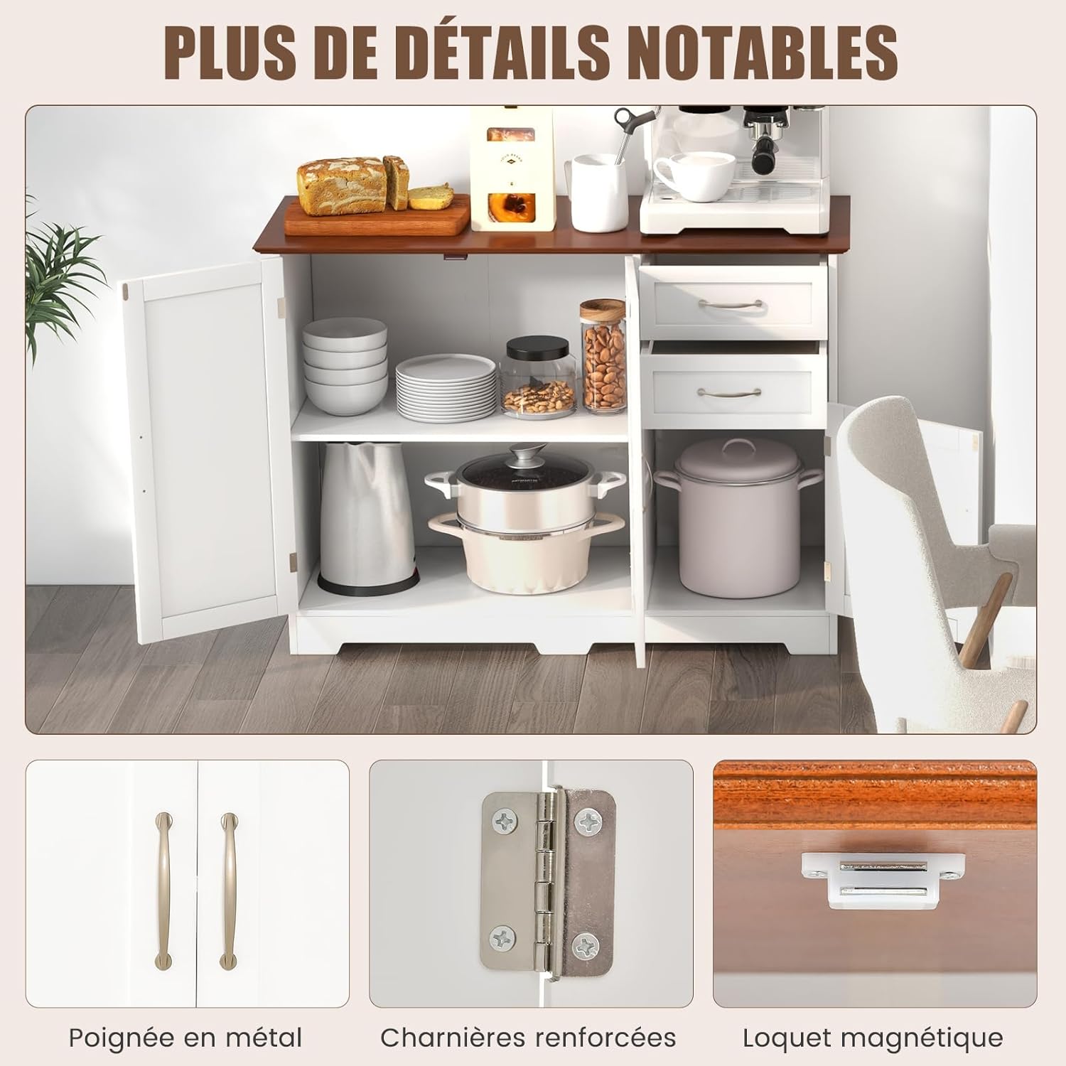 Buffet Cuisine, Meuble Bas Cuisine 2 Placards 2 Tiroirs, Salon, Blanc, 100 x 40 x 78 cm - 2