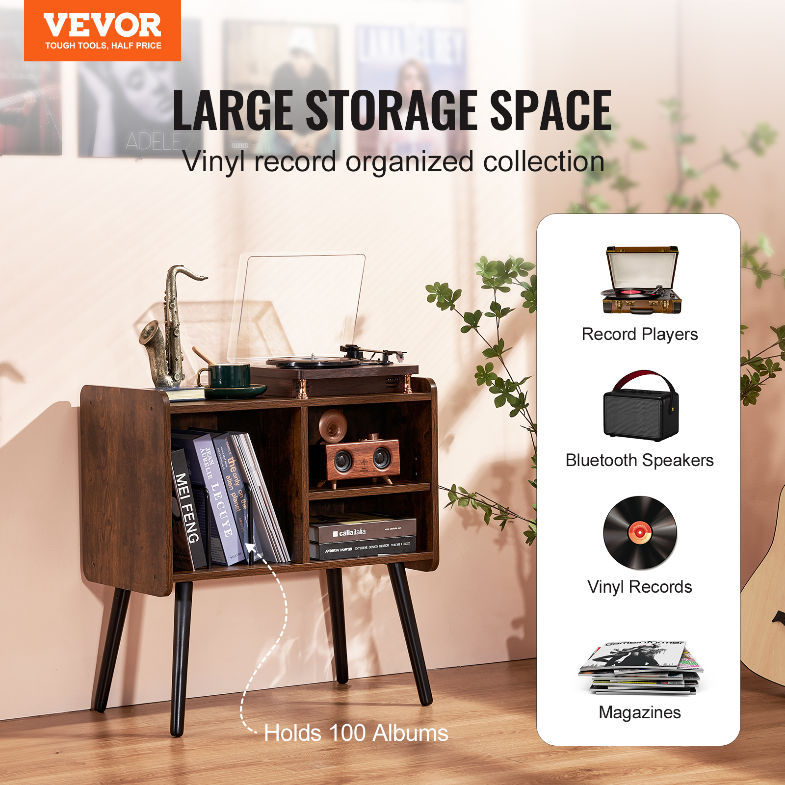 Lerliuo Supporto Per Giradischi In Rovere – Mobile Vinile Mid-Century Con Gambe In Legno Massello – Contiene Fino A 160 Album - 4