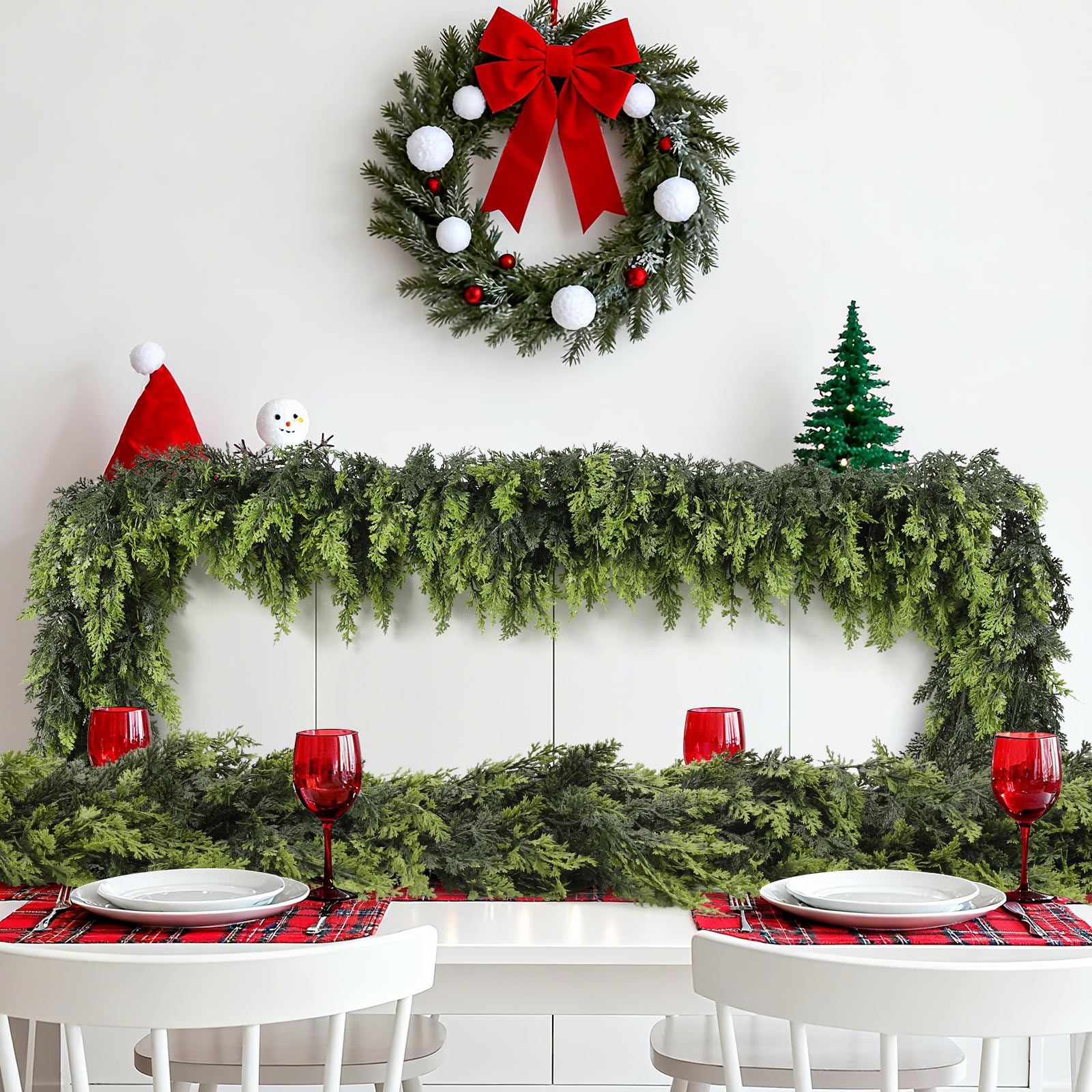 Ghirlanda natalizia artificiale con foglie di cipresso, realistica e dalla consistenza densa, ideale per decorare un tavolo pranzo camino (2,7 m) - 4