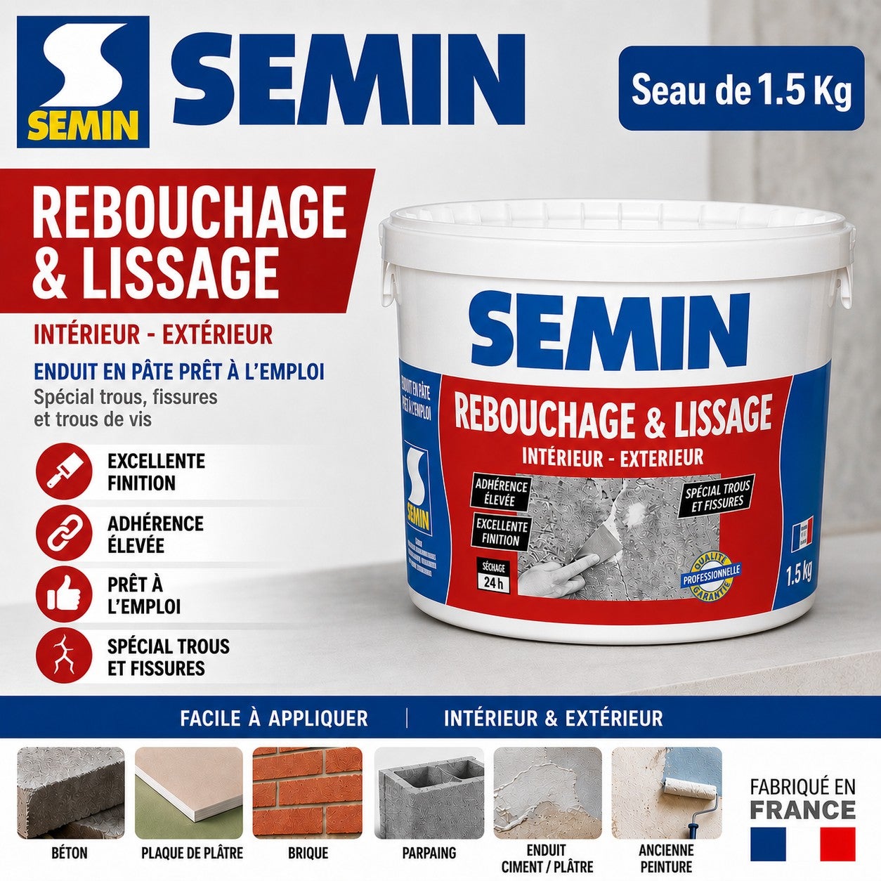 Enduit de rebouchage en pâte spécial fissures et trous de vis Semin - intérieur/extérieur - seau de 1,5 kg - 2