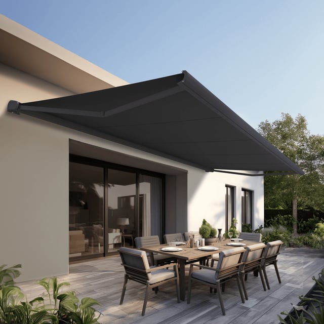 Store banne Coffre intégral PROTECT 2 LED SMART Gris Anthracite 6x3,5m Motorisé à télécommande + Capteur Vent + Eclairage LED - Toile Grise Anthracite