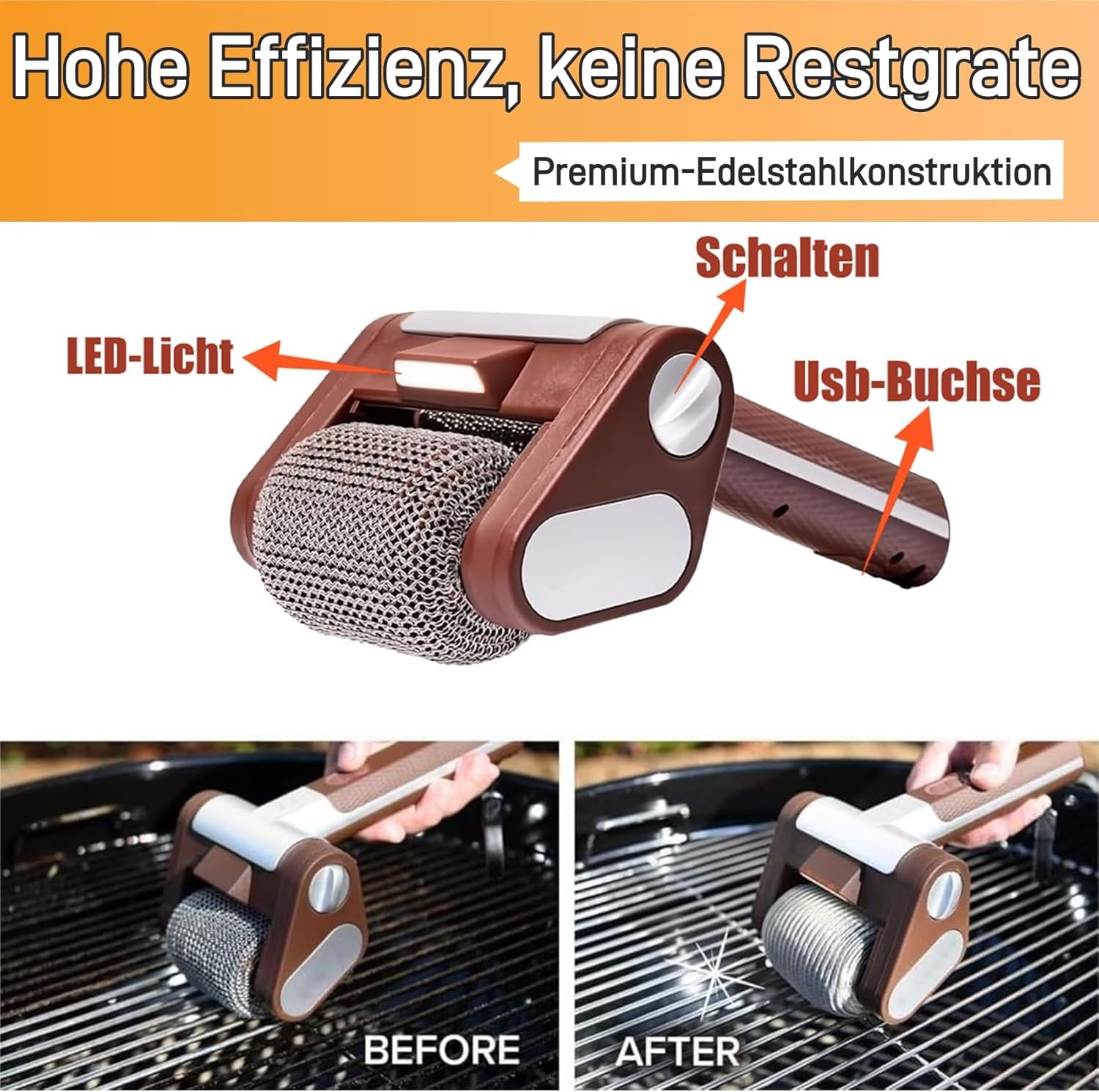 Brosse Barbecue Électrique, 2600 mAh Brosse Électrique Rechargeable pour Barbecue 350 TR/Min Acier Inoxydable 304 sans Poils - 3