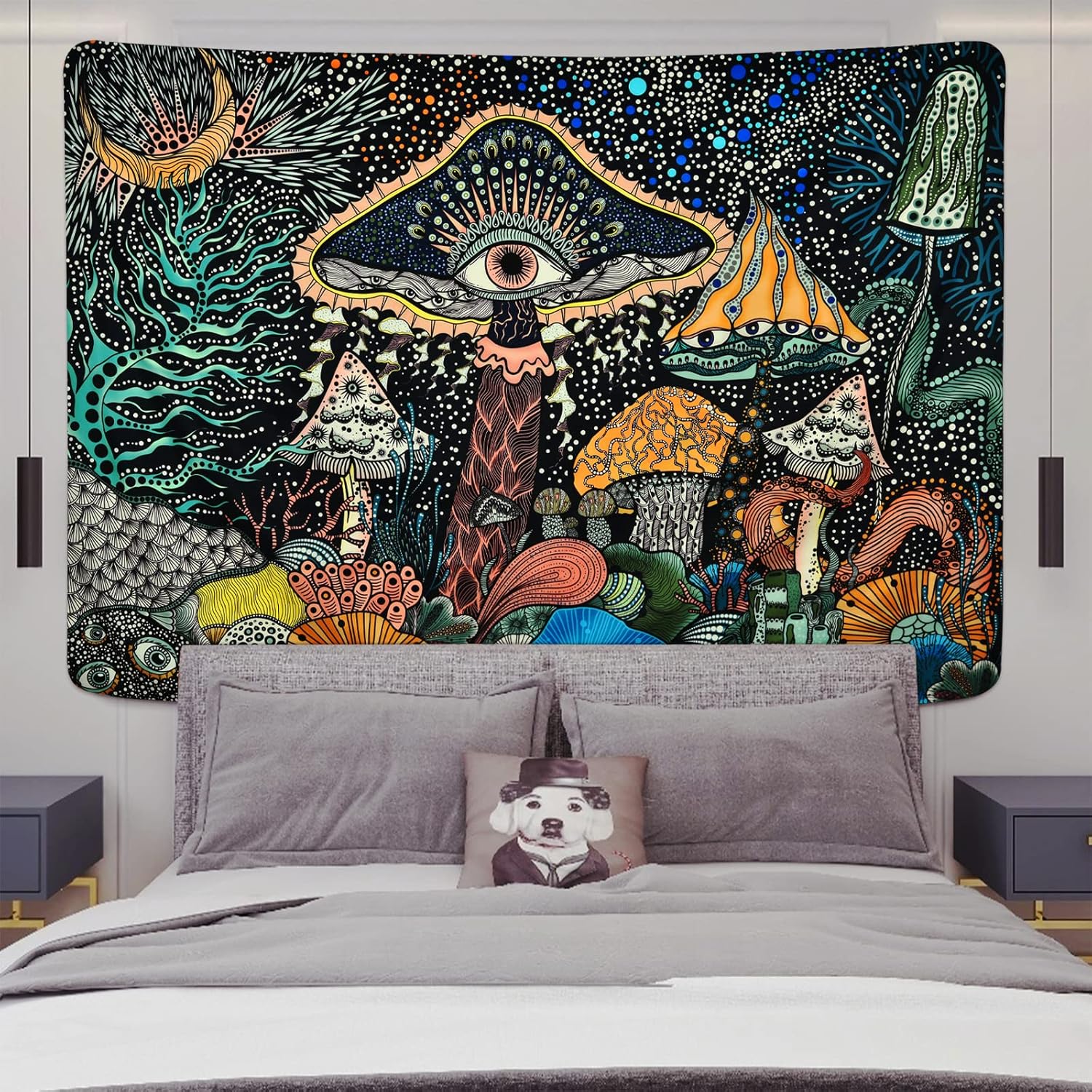 Gobelin z grzybowym okiem, stworzenia morskie, paw, styl boho, abstrakcyjny, ocean, dekoracja ścienna do sypialni (130 x 150 cm) - 5