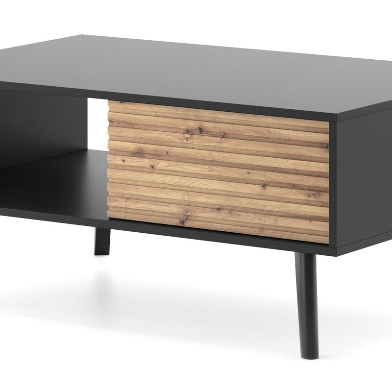 Stolik kawowy: 2 szuflady, 1 półka, czarny/dąb rzemieślniczy, 104 x 48 x 68 cm