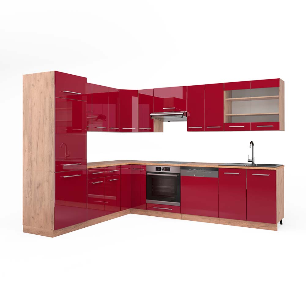 Cuisine en angle R-Line, 227 x 287 cm , PT Marbre, Bordeaux brillant/Chêne doré, Vicco