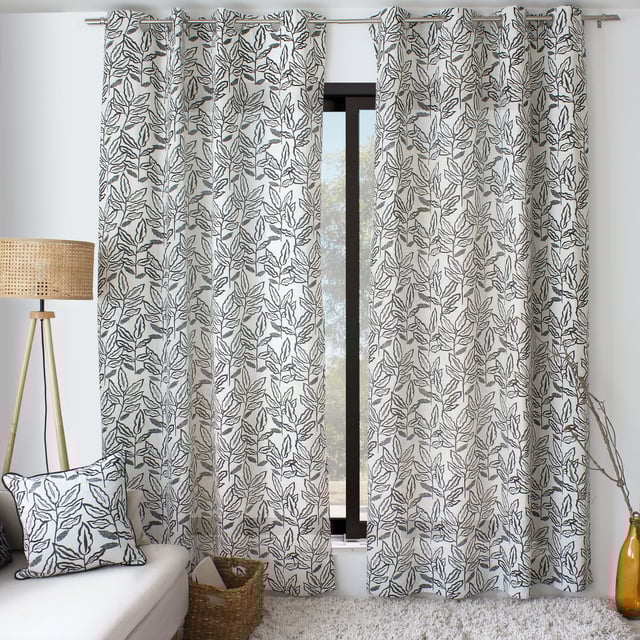 Lot de 2 rideaux à Œillets, 140x240cm, Ecru/Noir, Motifs feuilles, Coton Chambray, Collection Lodge, CMADECO