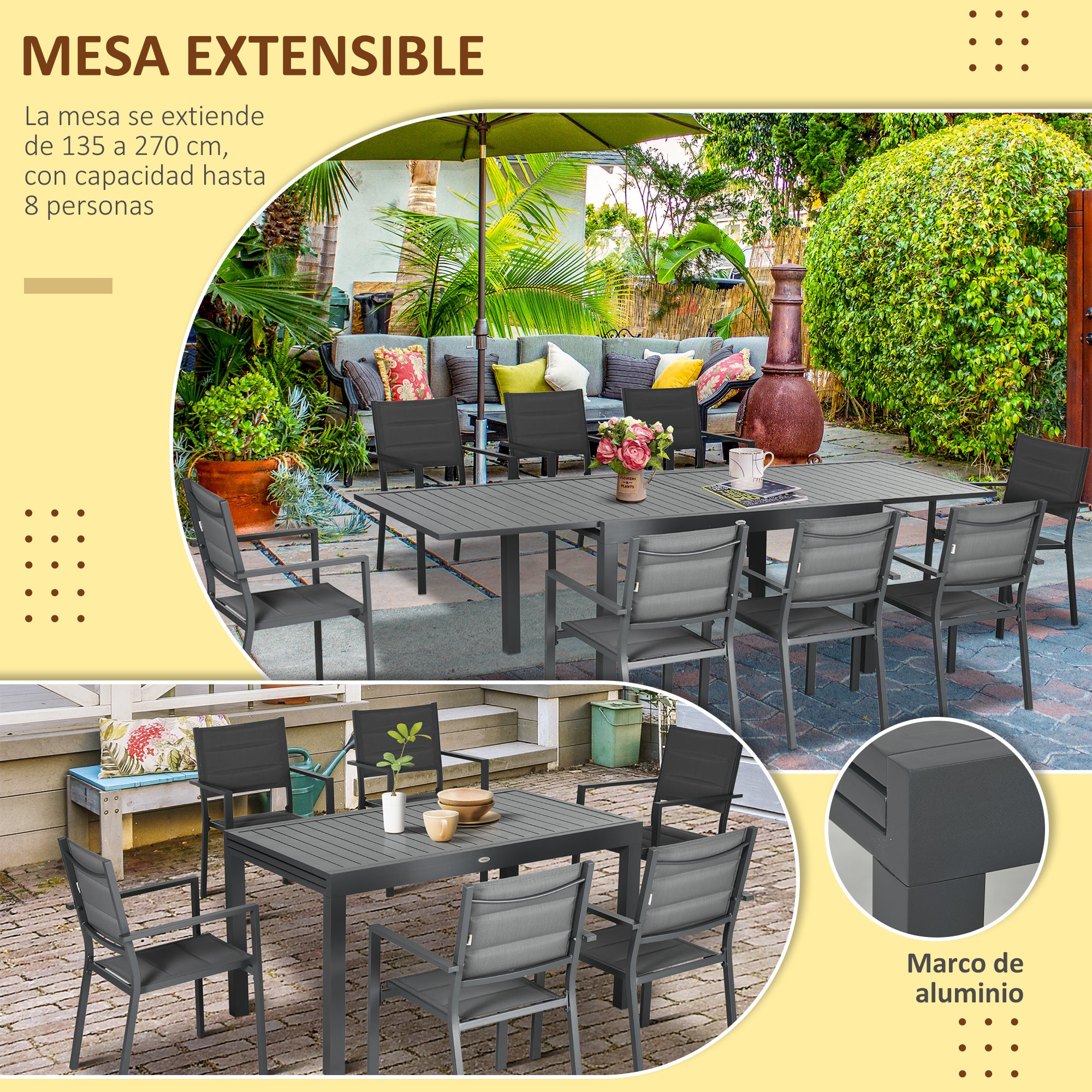 Conjunto de Refeição Outsunny Cinza Escuro/Cinza de carvão Textilene e Alumínio 135-270x89x74cm - 5