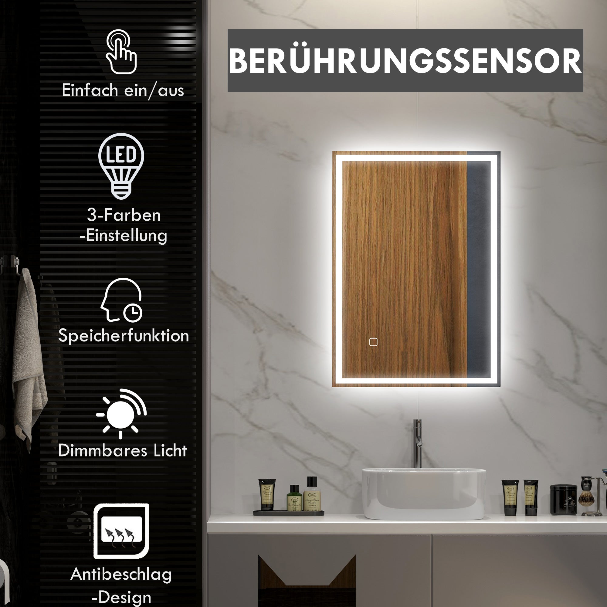 Specchio da bagno, specchio da parete con LED e interruttore touch, bianco - 5