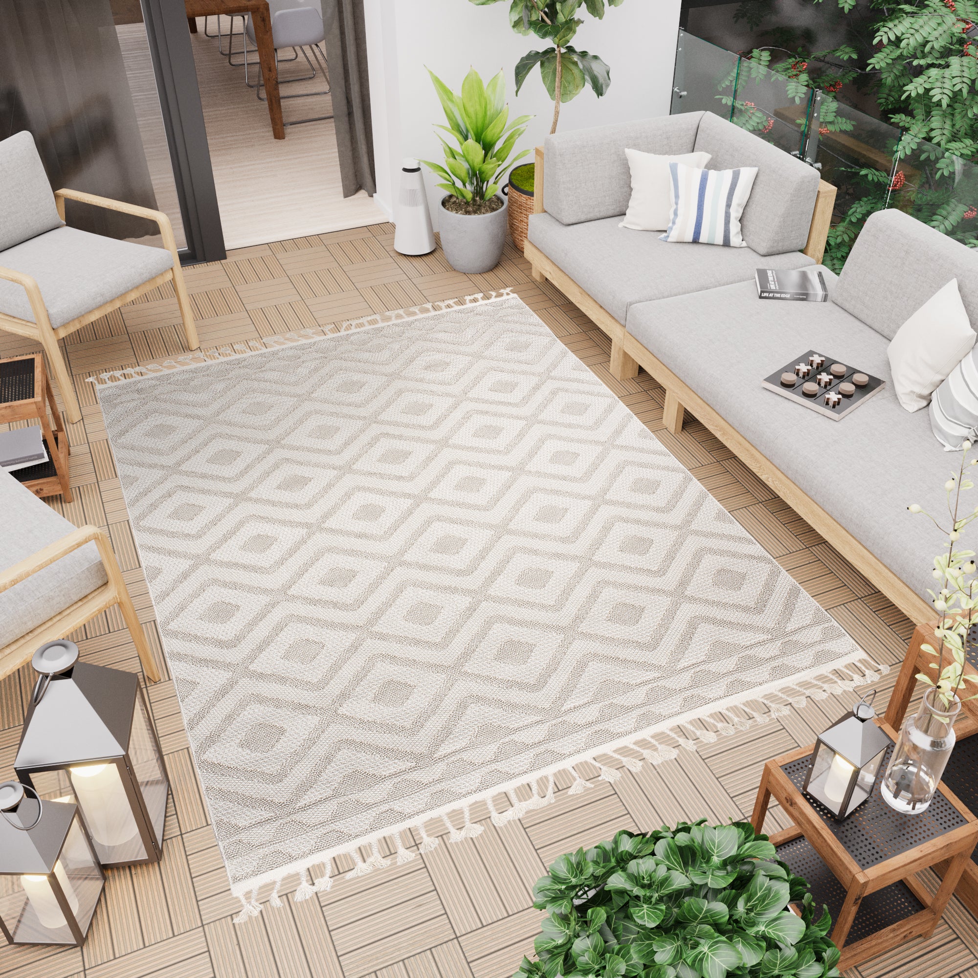Tapiso timber alfombra exterior interior terraza comedor crema beige marroquí flecos trenzas efecto 3d bucle 140 x 200 cm