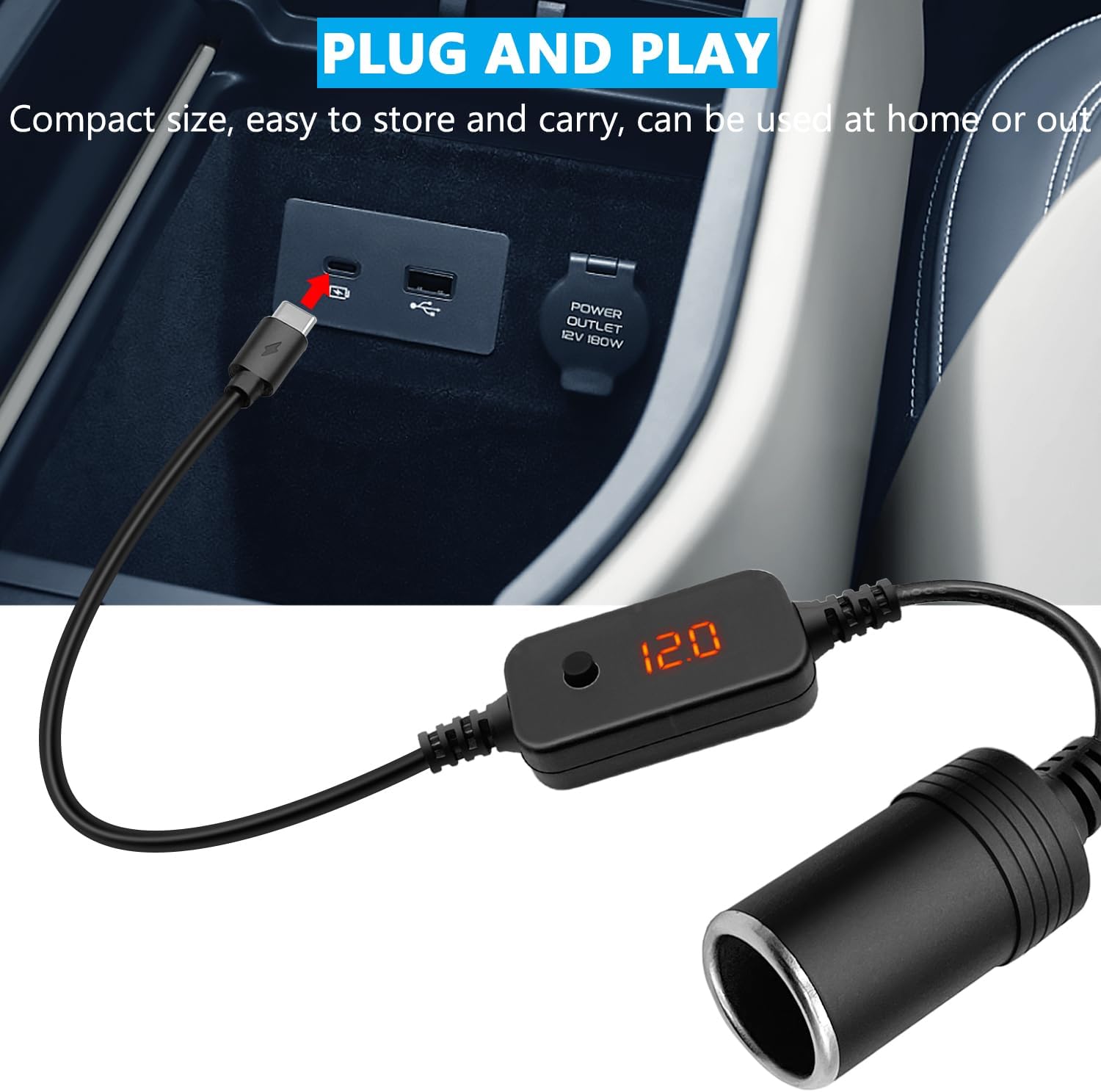 Przewód konwertujący USB C męski na gniazdo zapalniczki samochodowej 12 V typu C do gniazda zapalniczki samochodowej z wyświetlaczem woltomierza, regu - 5