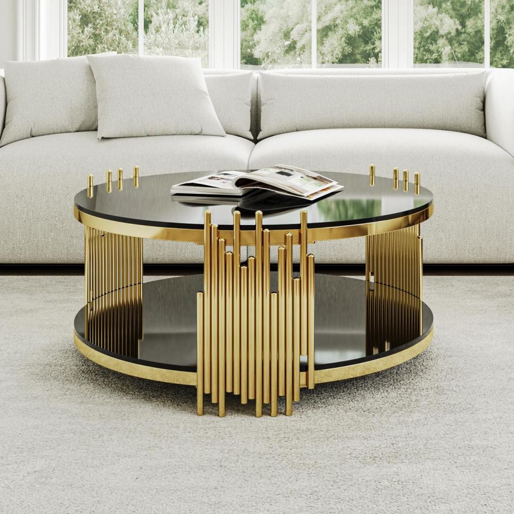 Table basse ronde noire et or en acier inoxydable et verre trempé ...