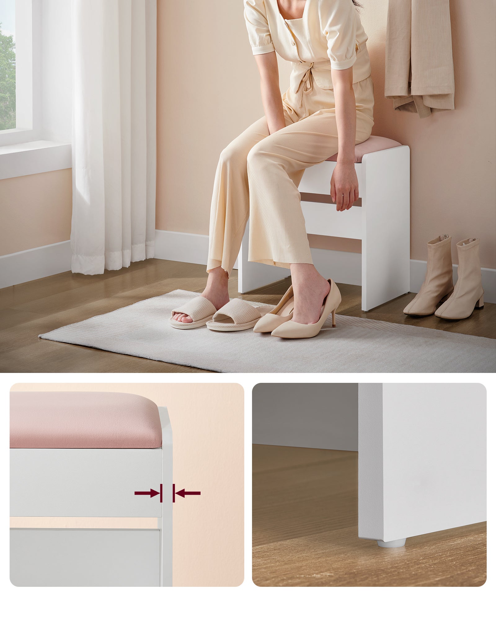 Tabouret de Coiffeuse, en Velours, Patins Antidérapants, Blanc Mat et Rose Bonbon - 3