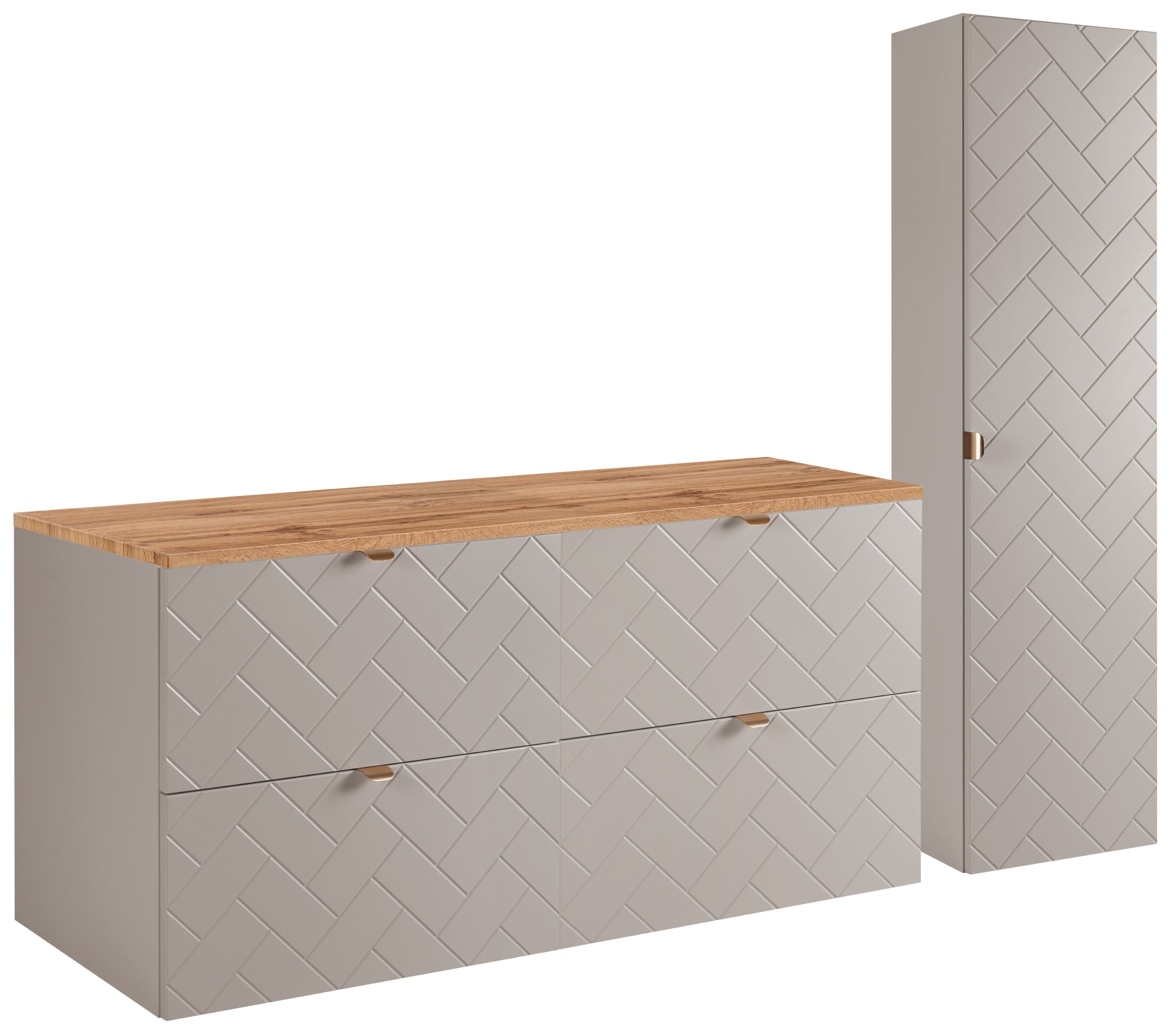 Szafka łazienkowa MADIS 120 cm kaszmir z blatem dąb wotan i słupkiem ryflowany front