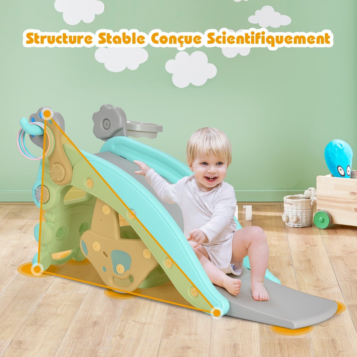DREAMADE Cheval à Bascule 4 En 1 – Toboggan, Panier De Basket, Lancer D'Anneaux – Siège Amovible – Multijouet Pour Enfants Dès 3 Ans – Pingouin Rose