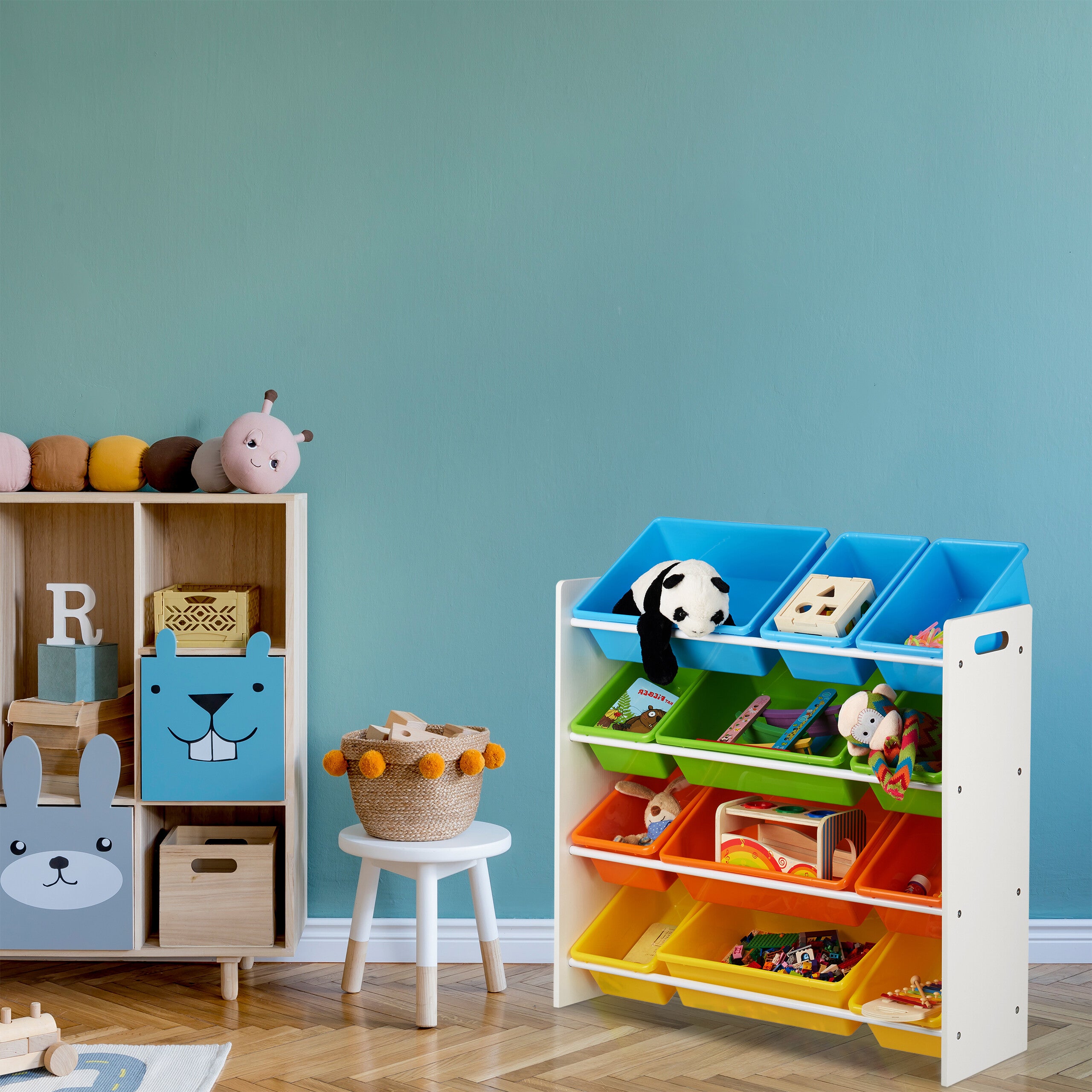 Scaffale Portagiochi Per Bambini Con Mostri, 6 Scatole In Stoffa, Organizzatore Cameretta Multicolore