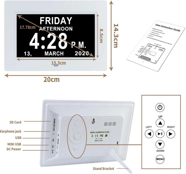 Orologio digitale LCD 8 calendario, giorno ora, regolazione automatica della luminosità, 8 lingue, display HD, promemoria Alzheimer, anziani e bambini | Leroy Merlin Orologio digitale LCD 8 calendario, giorno ora, regolazione automatica della luminosità, 8 lingue, display HD, promemoria Alzheimer, anziani e bambini | Leroy Merlin