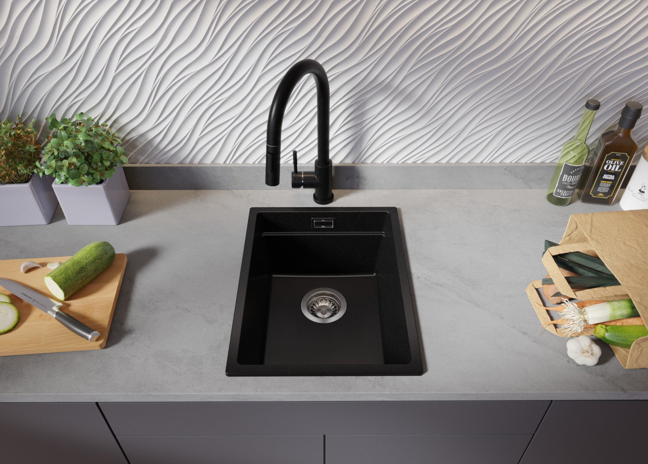 Lavandino da Cucina Nero 36x47cm, Lavello in Granito a 1 vasca + Sifone Classico + Accessori, Lavabo da Cucina Incasso al mobile 40cm PRIMAGRAN - 4