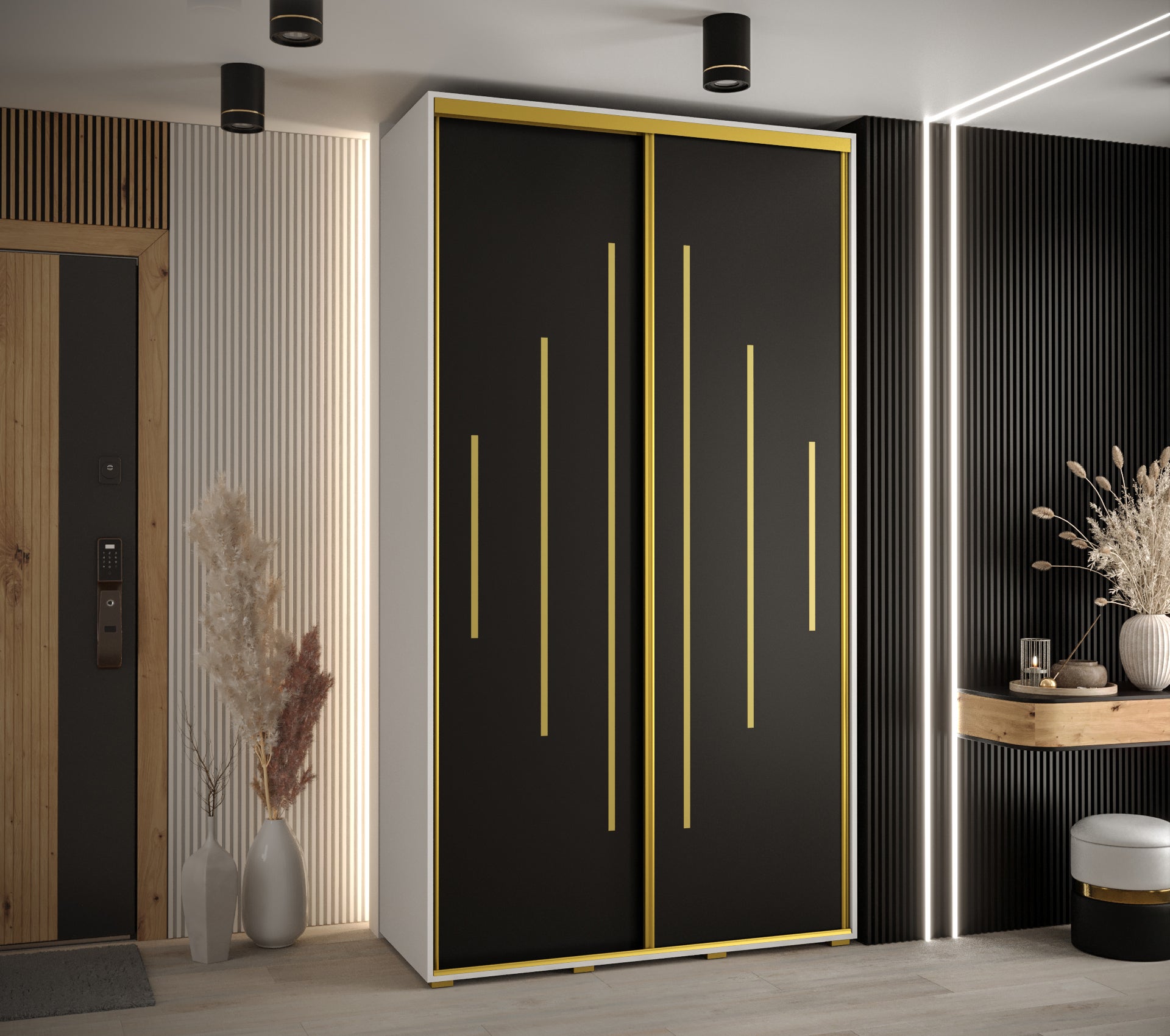 Szafa przesuwna wysoka Davos 12 130 x 60 x 235,2 cm biały + czarny + u. złoty - Abiks Meble - 2