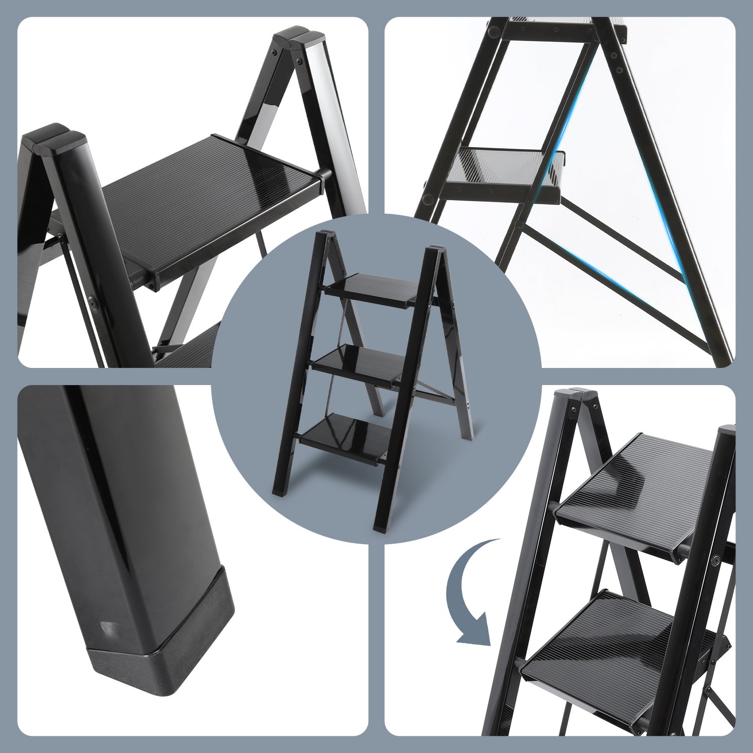 Escabeau Pliant,Échelle en alliage d'aluminium 150kg capacité - 2 marches Noir, environ 61CM - 6