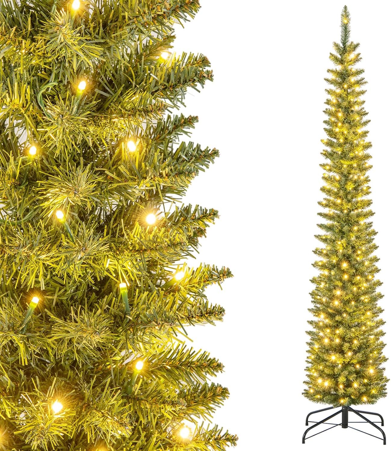 Choinka Bożonarodzeniowa 210 cm, Sztuczna, Świecąca, w Kształcie Ołówka, Sekcyjna, 499 Gałęziami, 200 Lampkami LED w Kolorze Ciepłej Bieli, Dekoracja