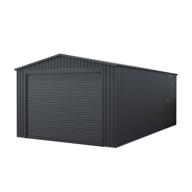 Garaż metalowy Jarama 19,52 m², 576x338x243 cm, na samochód, duża brama rolowana, boczne drzwi wejściowe, szary, przechowywanie zewnętrzne