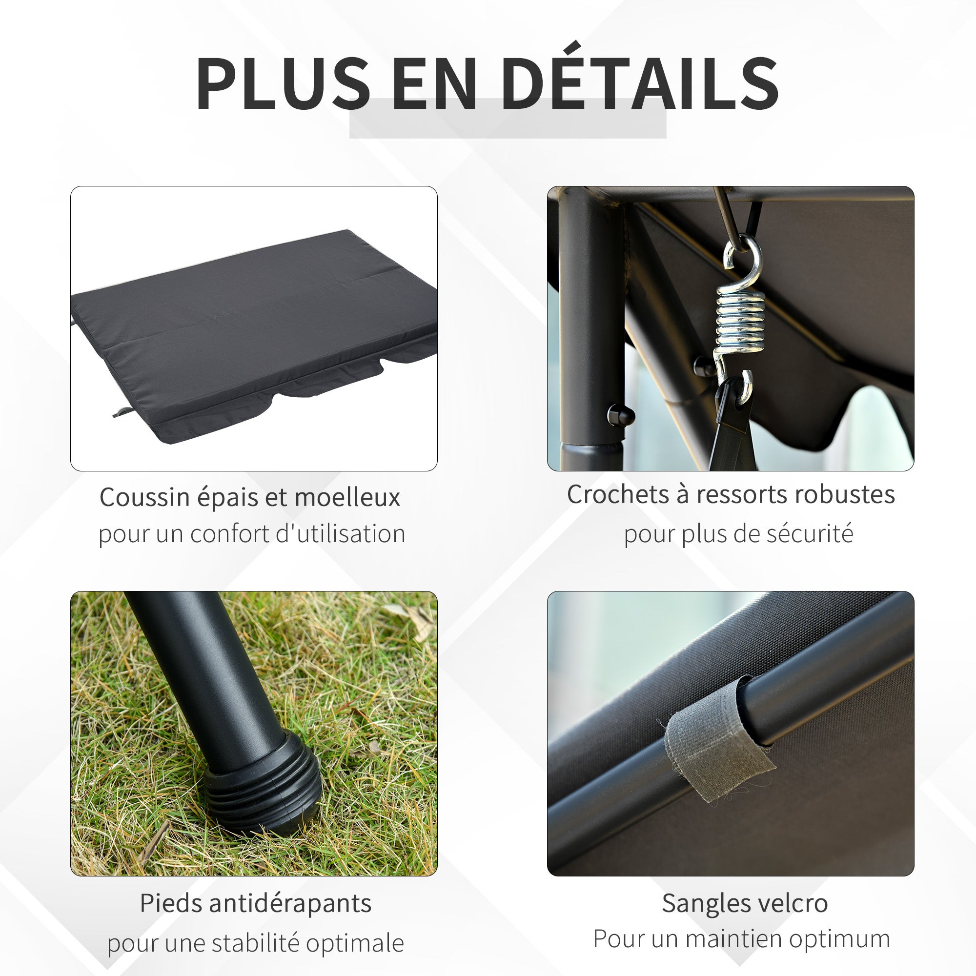 Balancelle de Jardin Convertible 3 Places Grand Confort Inclinaison Toit réglable Matelas fourni 2L x 1,25l x 1,7H m métal Polyester Noir Anthracite - 8