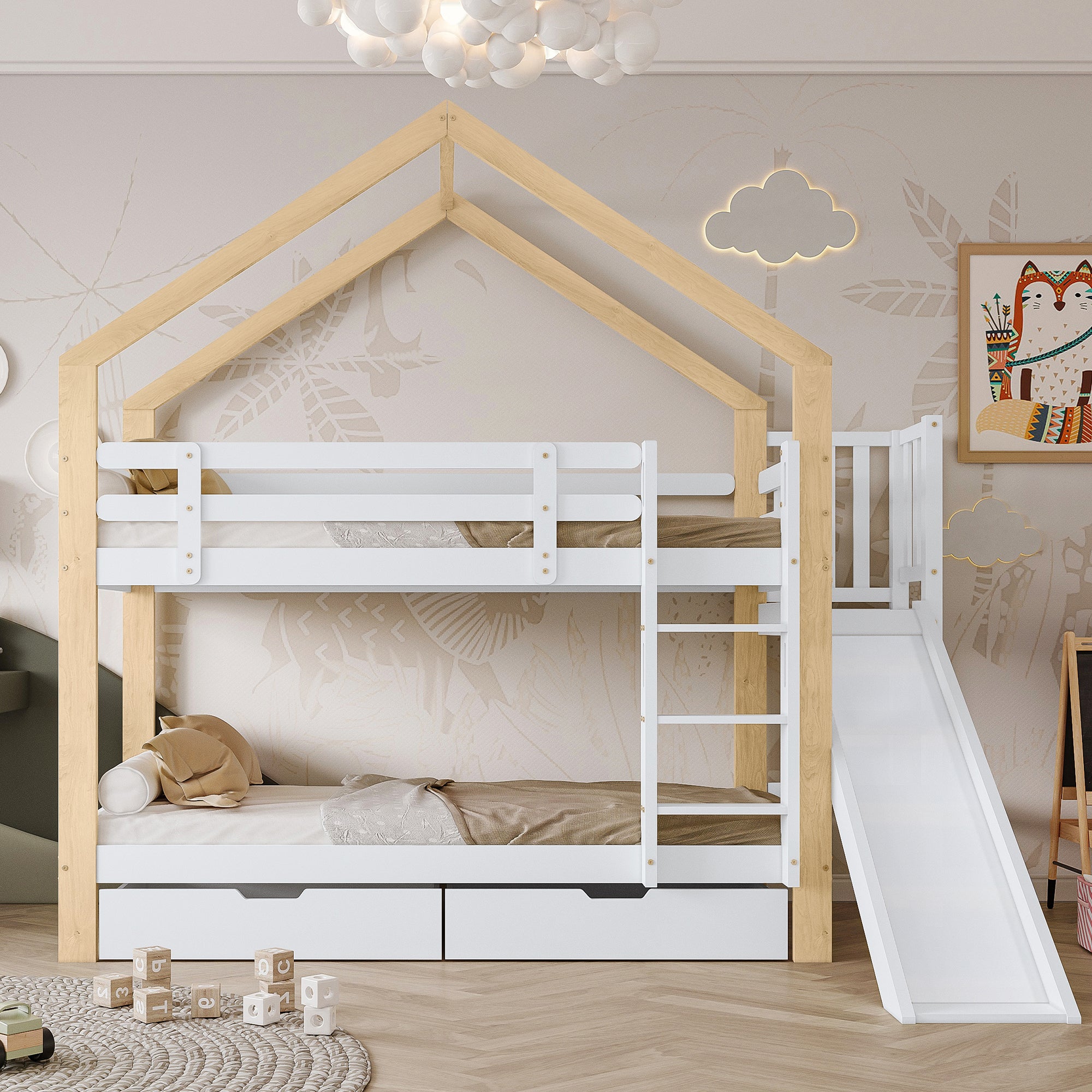 Łóżka piętrowe 2 x 90 x 200 cm ze zjeżdżalnią i 2 szufladami - lite drewno i płyta MDF - białe + naturalne (bez materaca)