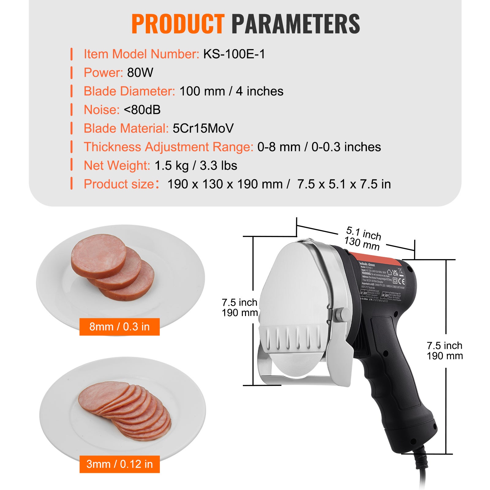 Faca elétrica shawarma SucceBuy 80 W,cortador giroscópico,2 lâminas,espessura ajustável 0 a 8 mm,lâmina 4 