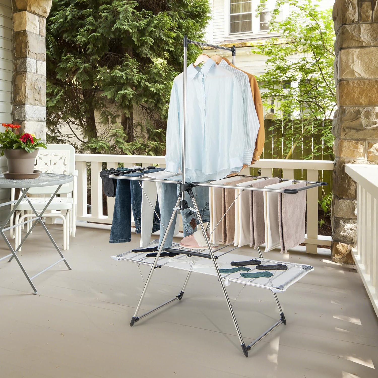 Étendoir Linge Intérieur,en Acier Inox, Cintre Haut 182 cm, Grand Filet de Séchage, Tancarville Linge Solide Réglable 70-140 cm - 8