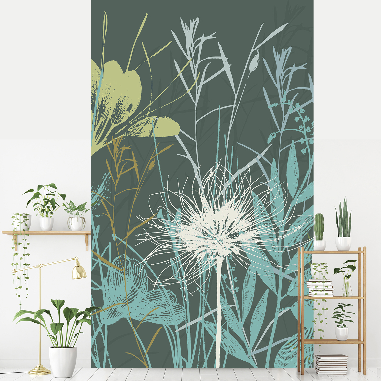 Papel tapiz panorámico inspeccionado, dibujo rural, en una mezcla de vegetación y flor, color verde dominante, 250 cm x 150 cm