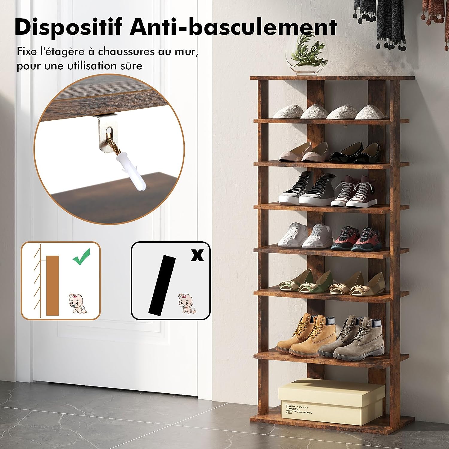 Scarpiera Verticale a 7 Livelli, Organizer per Scarpe in Stile Retrò, con Pannello Rimovibile, Scaffale per Scarpe per Corridoio Ingresso Arma - 2