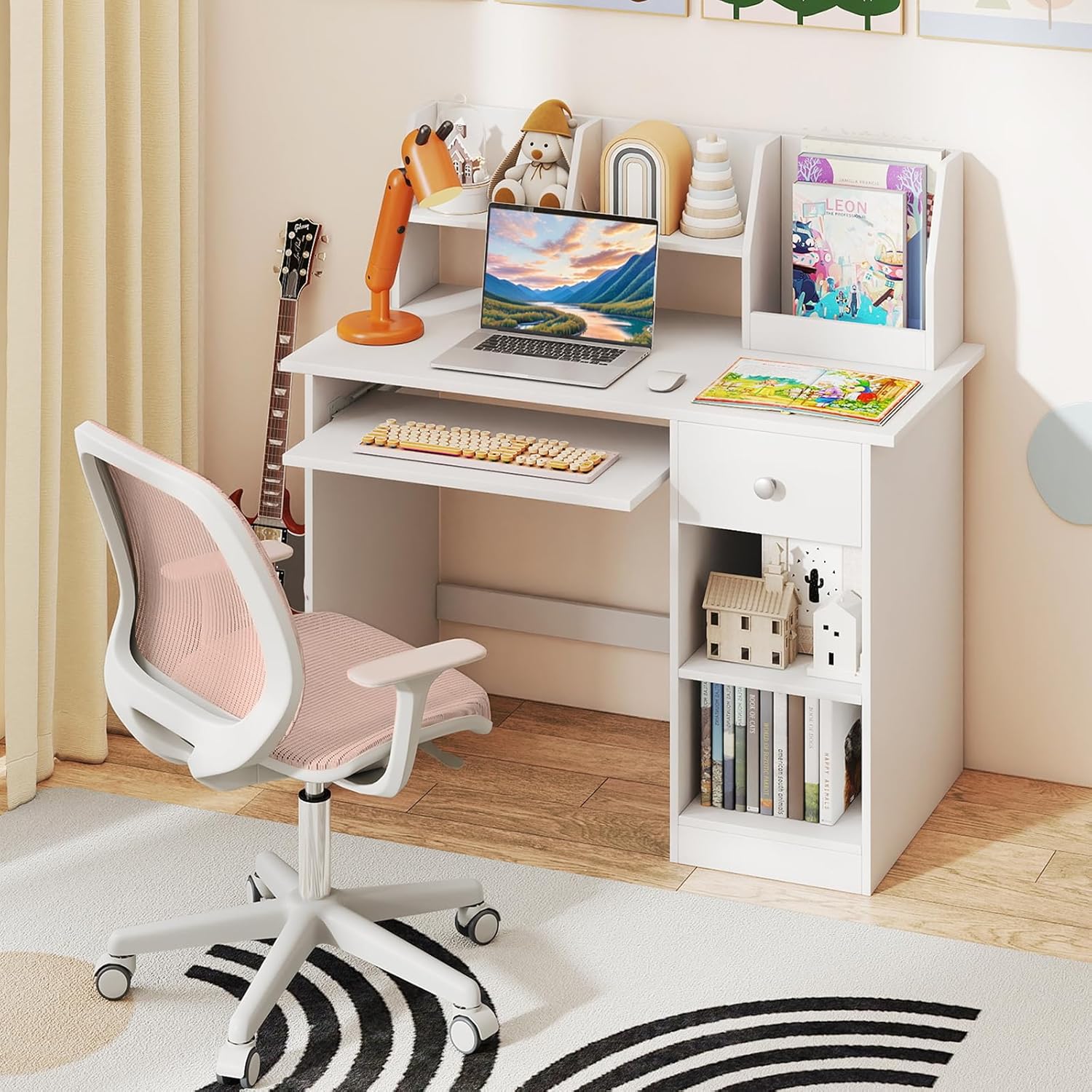 3 en 1 Bureau Enfant 90 x 45 x 90CM avec Rangement, 1 Tiroir 2 Étagères, Table Enfant en Bois avec Plateau à Clavier, Blanc - 8