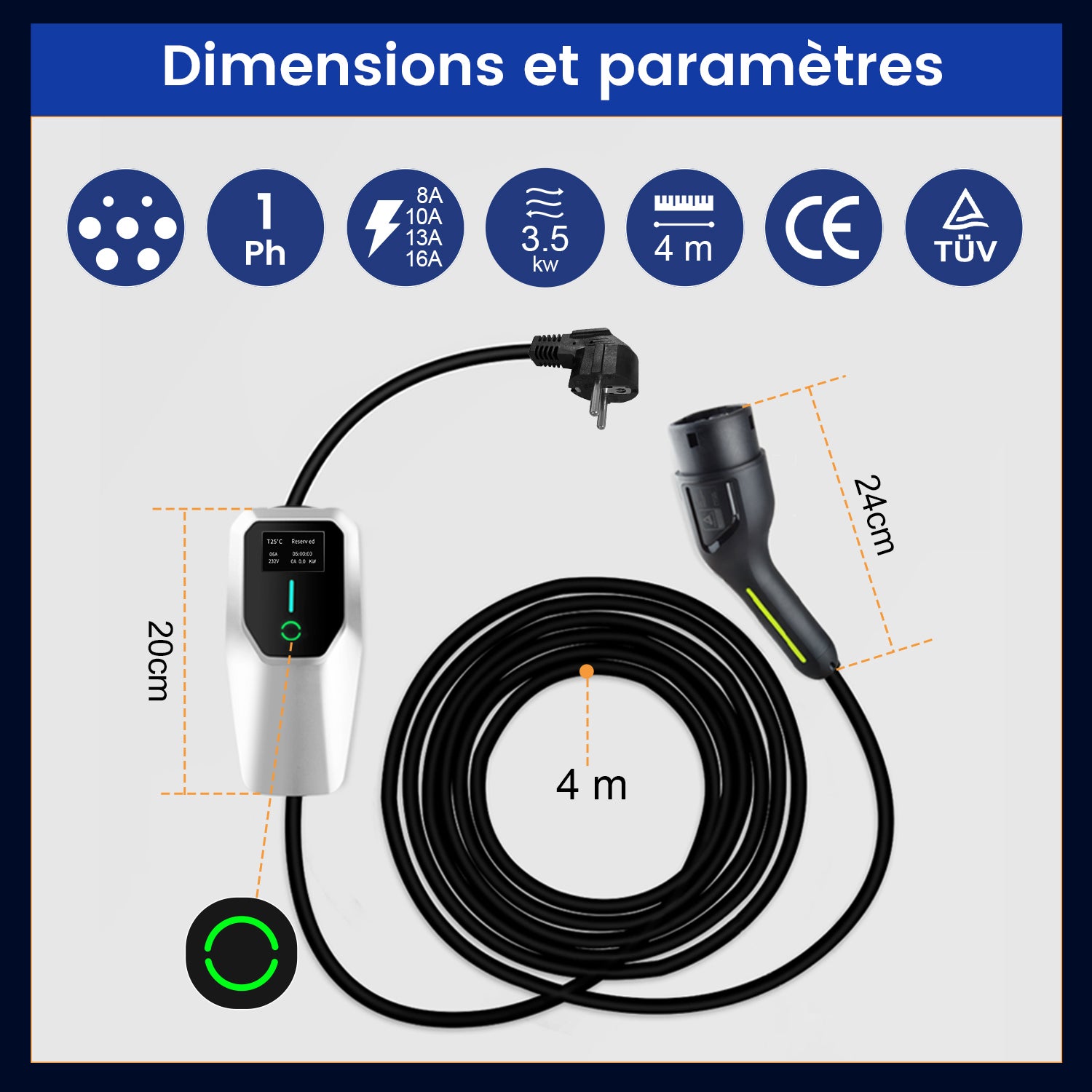 Cabo de Carregamento para EV 3.5kW - Tipo 2 - 4m - 6-16A - Compatível com e-208, Model Y, Megane E-Tech, 500e - 7