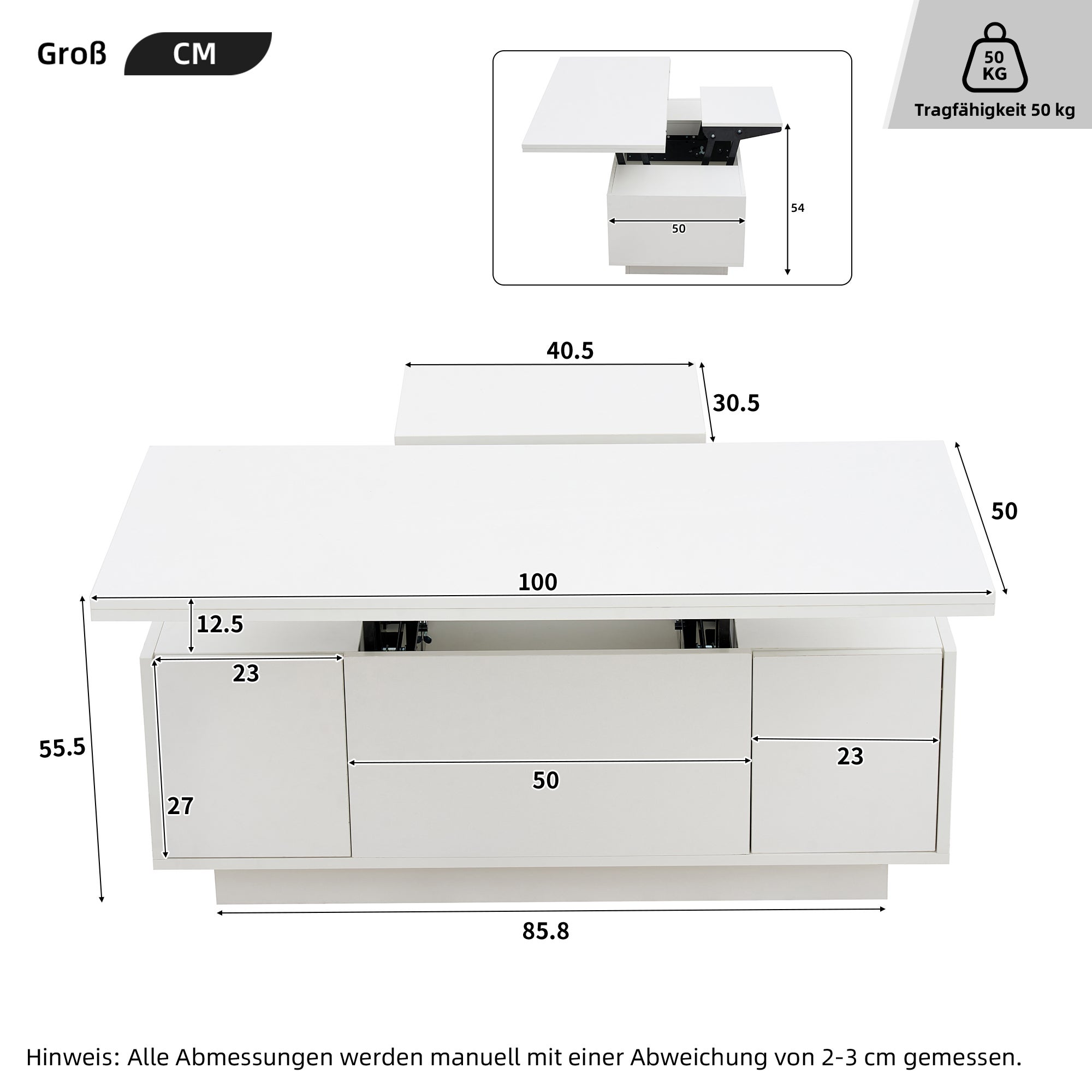 Stolik kawowy z 2 podnoszonymi blatami i 2 małymi drzwiczkami - 100 x 50 x 55,5 cm - Płyta wiórowa - Biały - 5