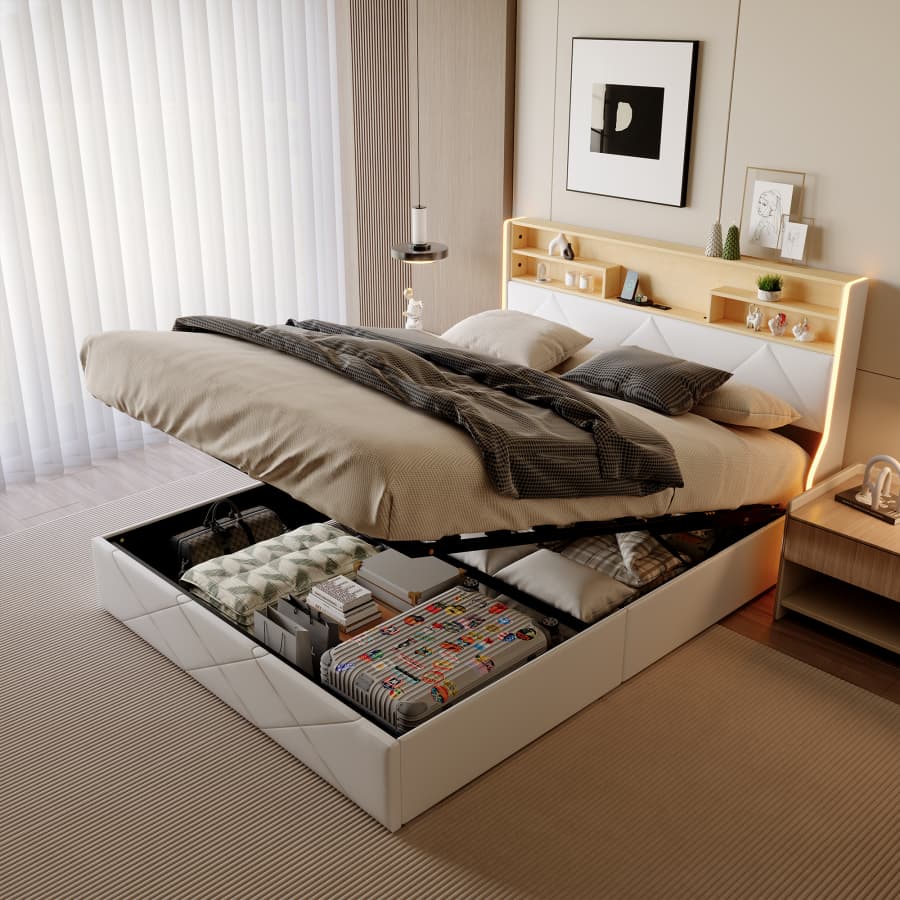 Lit Double 140 * 200cm avec Tiroirs et Casiers de Rangement, Cadre de Lit avec Charge USB Lit Double 140 * 200cm avec Tiroirs et Casiers de Rangement, Cadre de Lit avec Charge USB