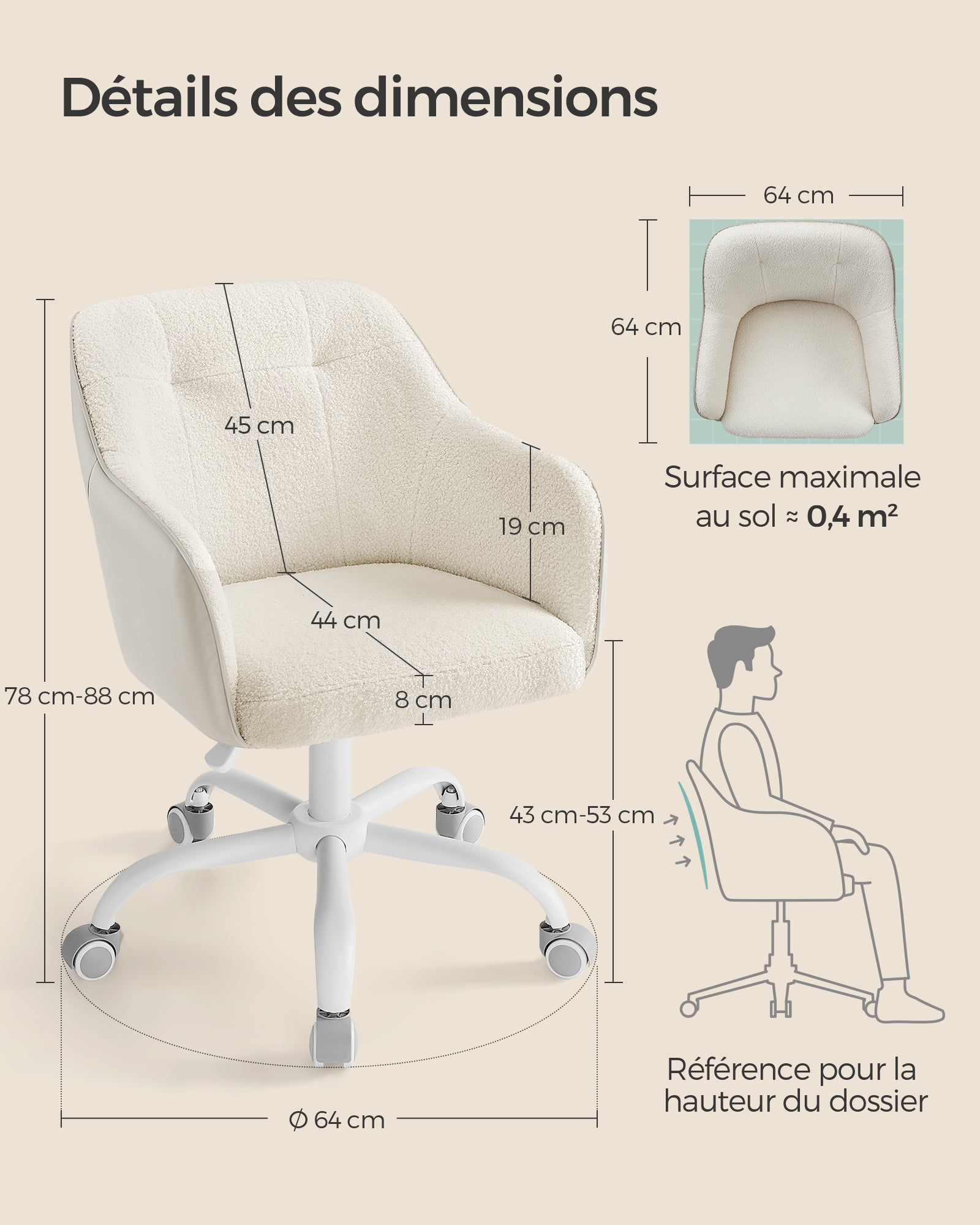 Chaise de Bureau, Fauteuil Ergonomique, Siège Pivotant, Réglable en Hauteur, Capacité 110 kg, Tissu Peluche Respirant et PU, Beige Cappuccino - 5